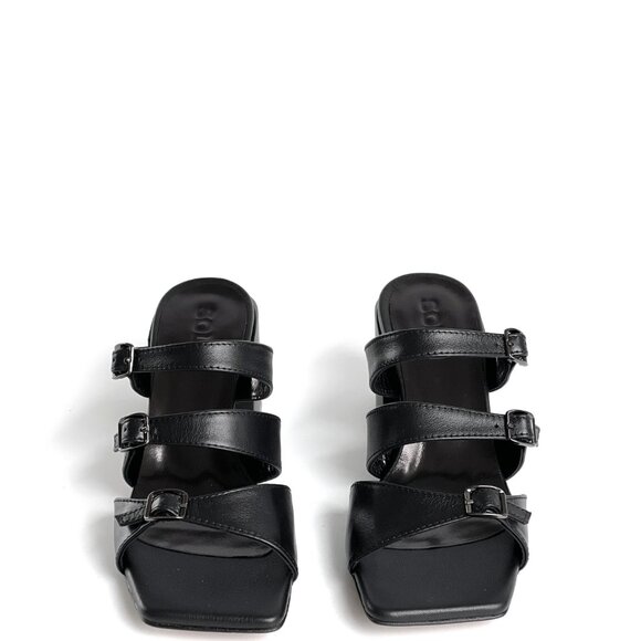 Women's Black Genuine Leather Block High Heeled Sandals, Square Open Toe Party - Picture 7 of 8